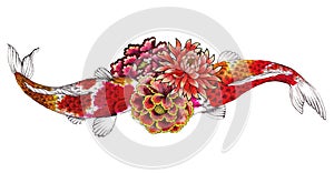 Carp, Koi, Fish and asian flowers