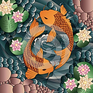 Carp Koi fish swimming in a pond with water lilie