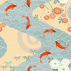 Carp, red fish, goldfish. Traditional eastern seamless pattern. Waves pattern. Vector.