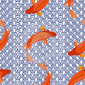 Carp, red fish, goldfish. Traditional eastern seamless pattern. Waves pattern. Vector.