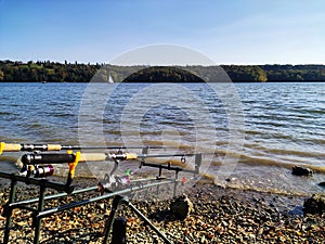 Carp rods prepared for fishing. Carp fishing on the lake. Rod pod.