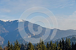 The Carpathian Mountains with pines forest, colored trees, cloudy vibrant sky, autumn-winter time. Predeal, Romania