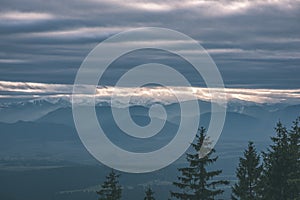 Carpathian mountains in winter snow - vintage film effect