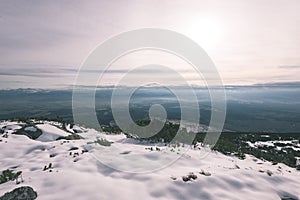 Carpathian mountains in winter snow - vintage film effect