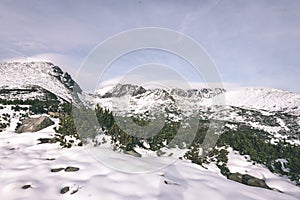 Carpathian mountains in winter snow - vintage film effect