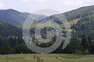 Carpathian village: country houses, gardens, forest and mountains