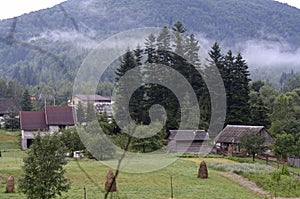 Carpathian village: country houses, gardens, forest and mountains. Lugi village Ukraine