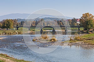 Carpathians mountains landscape in autumn. Latorica river, Mukachevo, Ukraine.