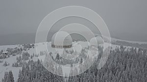 carpathians mountains turismo winter snow pamir. Radar station Pamir, Tomnatic, drone view of black and white