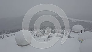 carpathians mountains turismo winter snow pamir. Radar station Pamir, Tomnatic, drone view of black and white