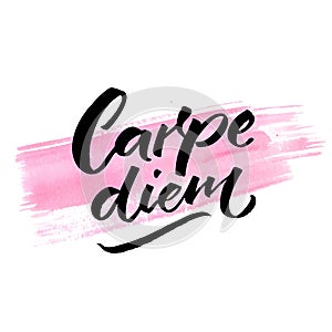 Carpe diem - latin phrase means seize the day, enjoy the moment. Inspiration quote brush calligraphy handwritten on pink