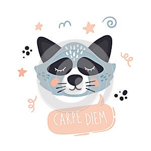 Carpe diem vector design illustration with the cute raccoon. Hand drawn illustration.