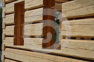 a carpenter built a log cabin with rough hewn beams.