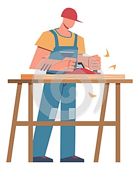 Carpenter cartoon flat style. Builder in helmet working with tools, professional equipment, industrial instrument