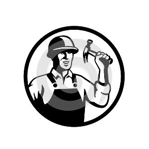 Carpenter Construction Worker Holding Hammer Circle Black and White