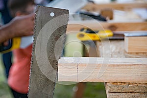 Carpenter cutting wooden plank with manual saw.