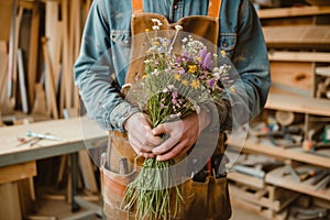 carpenter dogman holding a bunch of wildflowers in a woodshop photo