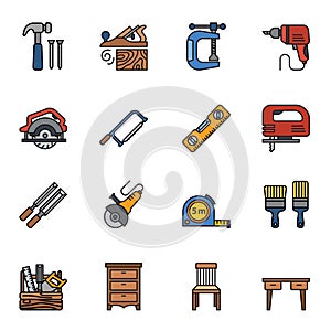 Carpenter elements or Woodworker icon set 2. Colored Thin Line Style Stroke vector.