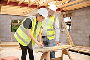 Carpenter With Female Apprentice Working On Building Site photo