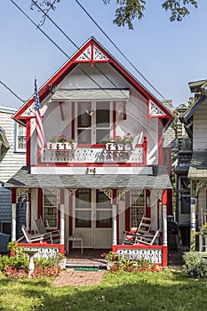 Carpenter Gothic Cottages with Victorian style, gingerbread trim in Wesleyan Grove, town of Oak Bluffs on Martha`s Vineyard,