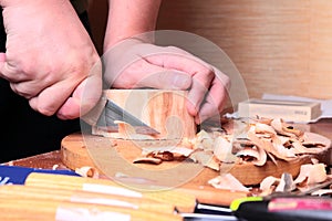 Carpenter hand carving wood