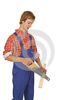 Carpenter with handsaw photo