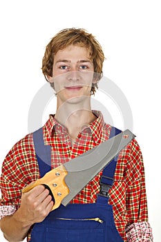 Carpenter with handsaw