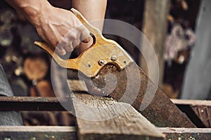 Carpenter with handsaw