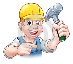 Carpenter Handyman in Hard Hat Holding Hammer Tool