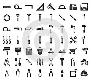 Carpenter, handyman tool and equipment icon set, glyph design