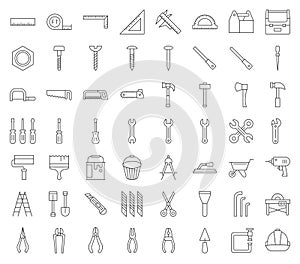 Carpenter, handyman tool and equipment icon set, outline design