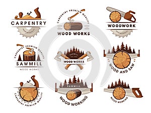 Carpenter logo. Circular saw stylized labels badges for industrial business wood cutting instruments recent vector