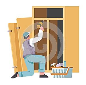 Carpenter maintaining wooden furniture vector