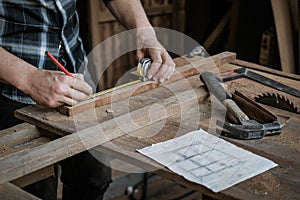 Carpenter men work on the measurements of wood in carpentry shop