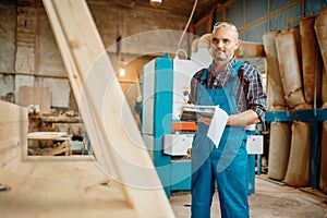 Carpenter with notebook, wood processing, factory