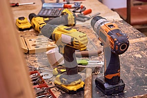 Carpenter`s equipment on wooden table
