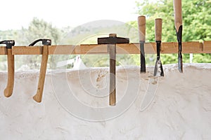 Carpenter`s tools to work with wood white