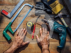 Carpenter`s working tools on a wooden table. profession, carpent