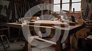 Carpenter's workshop with a lot of tools and workbench