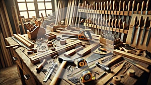 Carpenter's Workshop with Tools on a Workbench