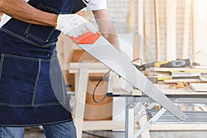 Carpenter sawing wood.