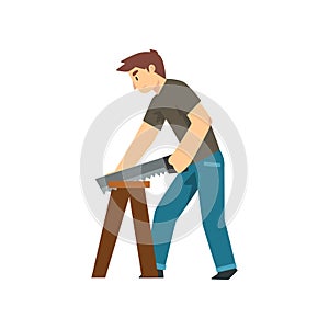 Carpenter Sawing Wood Board, Male Construction Worker Character with Professional Equipment Vector Illustration