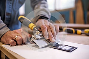 Carpenter sharpening a chisel close up view