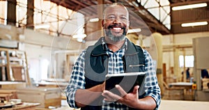 Carpenter, tablet and face of black man for online order, ecommerce or planning in workshop. Industrial worker, portrait