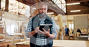 Carpenter, tablet and mature black man in workshop for online order, ecommerce or planning. Industrial worker, carpentry