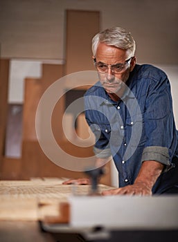 Carpenter, thinking or checking wood in workshop, design and planning in small business. Furniture, craft and production