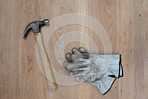Carpenter tools: claw hamer, protective gloves
