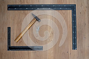 Carpenter tools: hamer and measerment tools t-square