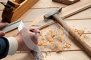 Carpenter tools,hammer,meter, nails,shavings, and