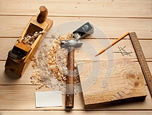 Carpenter tools, plane, hammer,meter, nails,